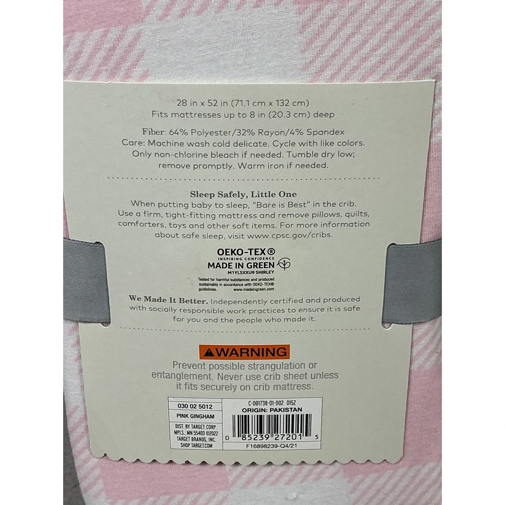 Cloud Island Pink Gingham Crib Fitted Sheet 28x52 OEKO-TEX Baby Nursery New